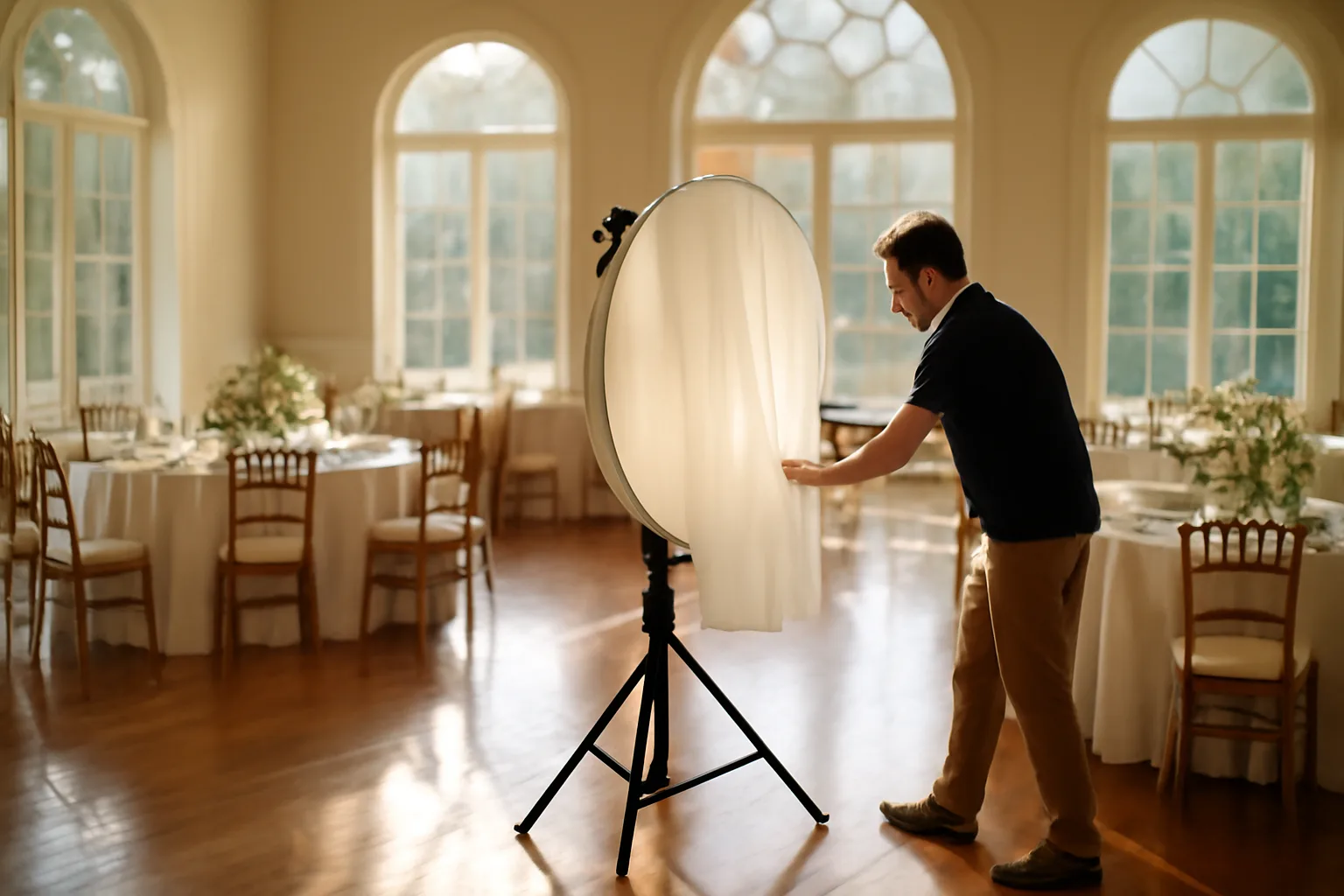 Photographer setting up a photo booth at a wedding venue in Alabama