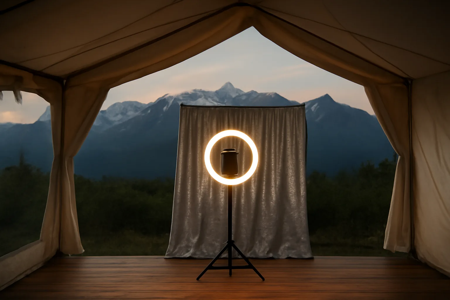 Photo booth setup with ring light inside an event tent with Alaskan mountain backdrop