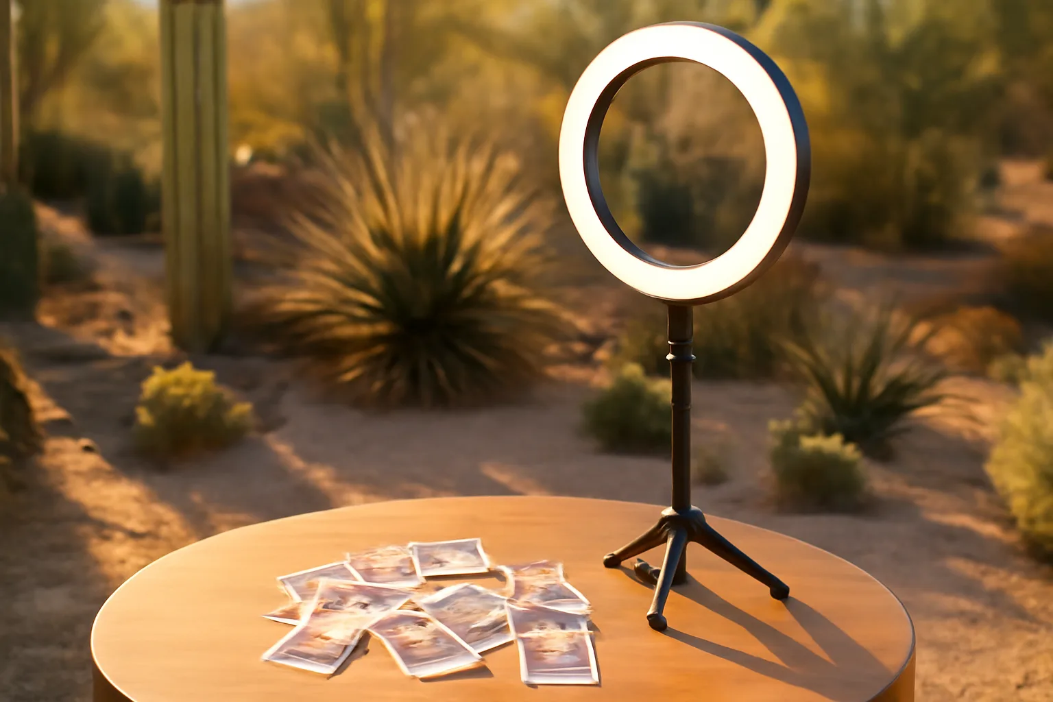 Open-air photo booth with ring light and printed photos at an Arizona outdoor event venue
