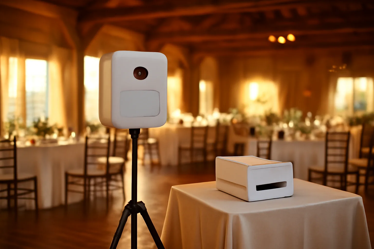 Photo booth camera stand and dye-sub printer set up in an Arkansas wedding reception hall
