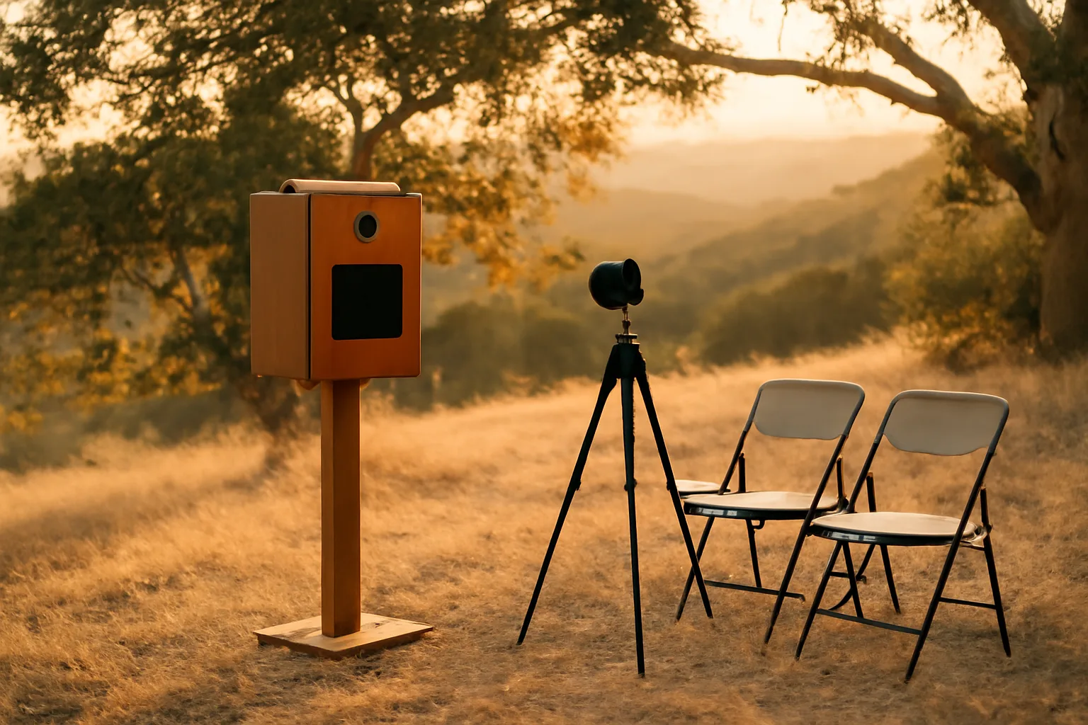 Wooden photo booth and camera on a dry California hillside