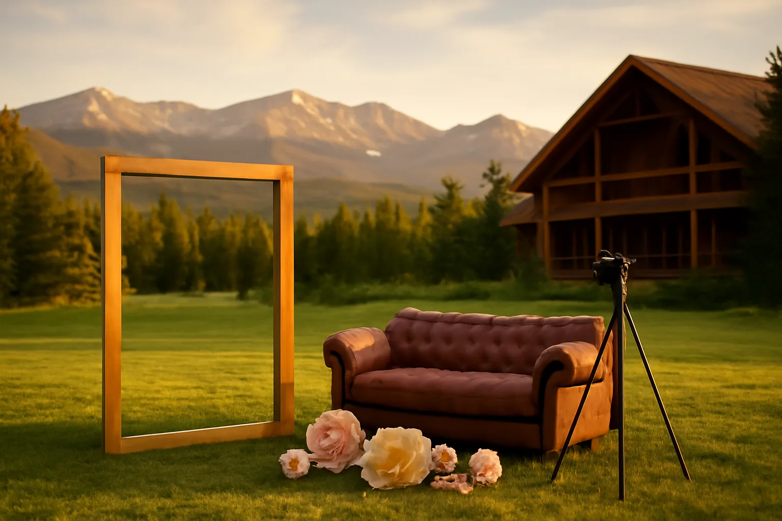 Open photo booth frame and sofa on a Colorado mountain lawn