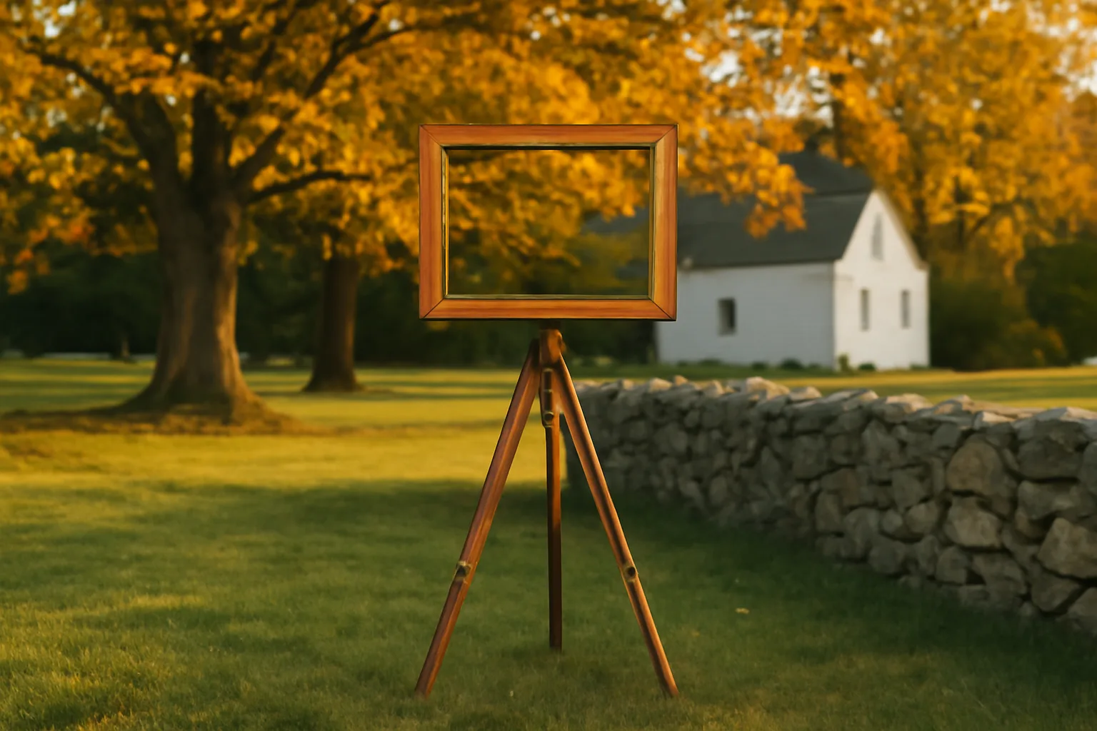 Photo booth frame on a rural Connecticut lawn at sunset