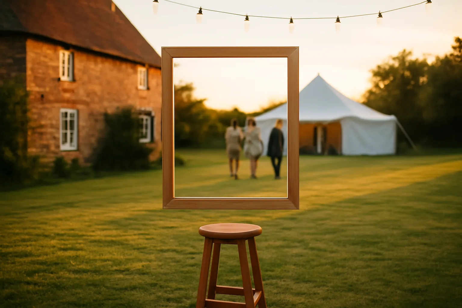Open photo booth setup on a Delaware lawn at golden hour