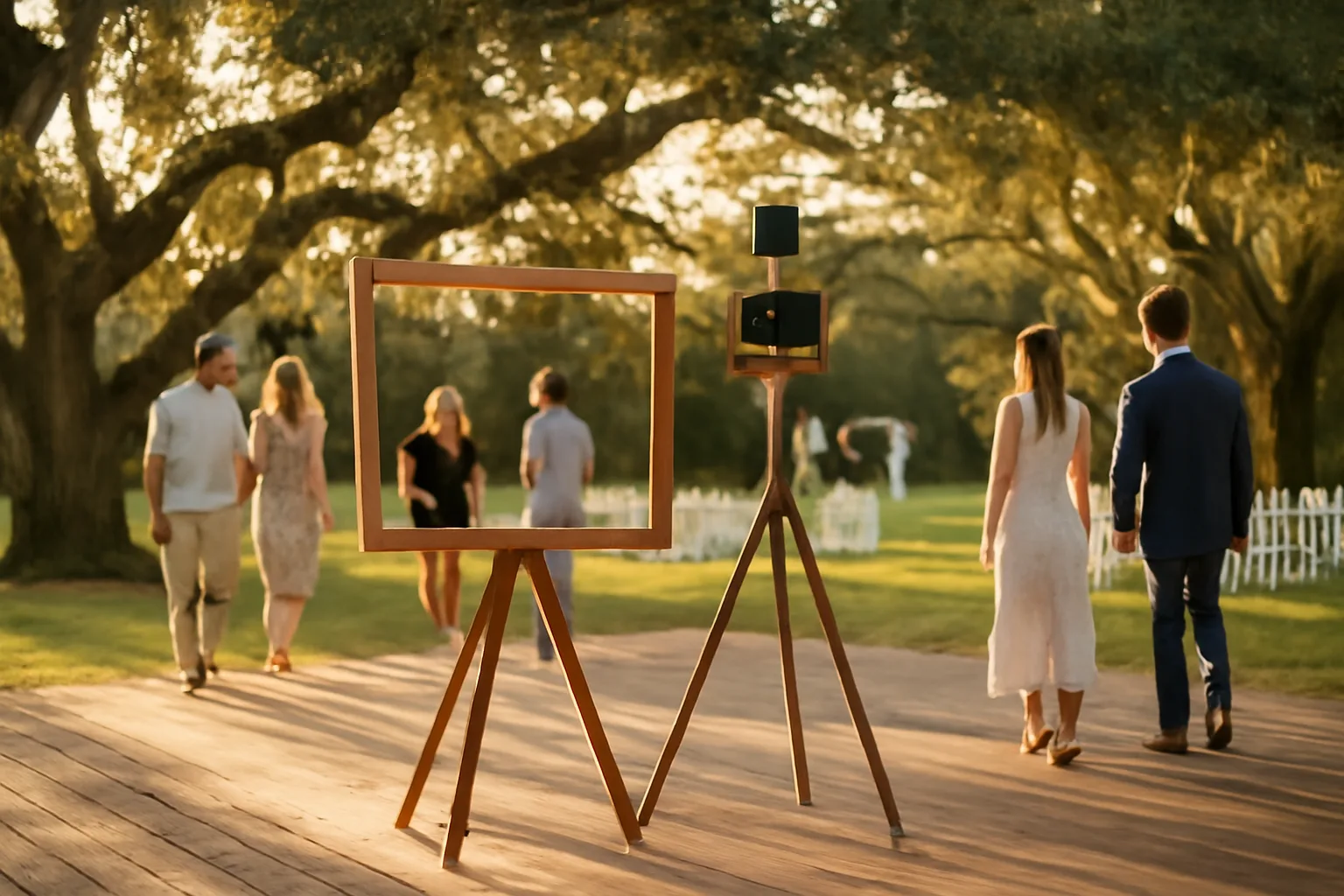 Open-air photo booth at a Florida backyard wedding at sunset