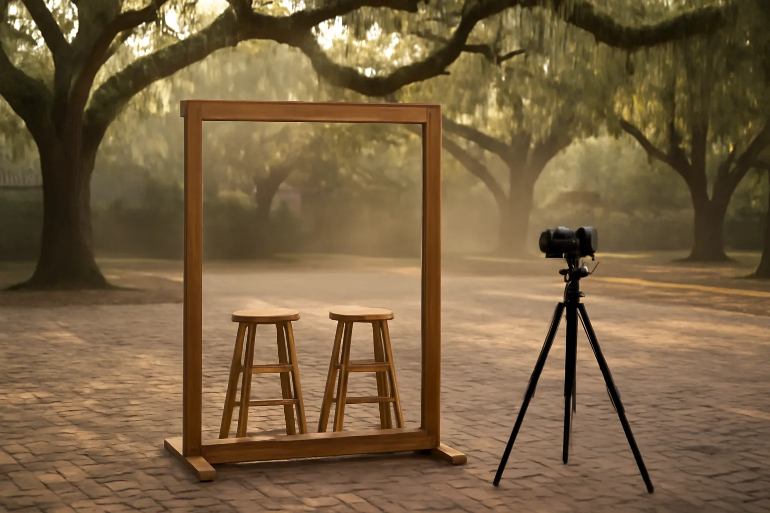 Wooden photo booth frame in a Savannah courtyard at dusk