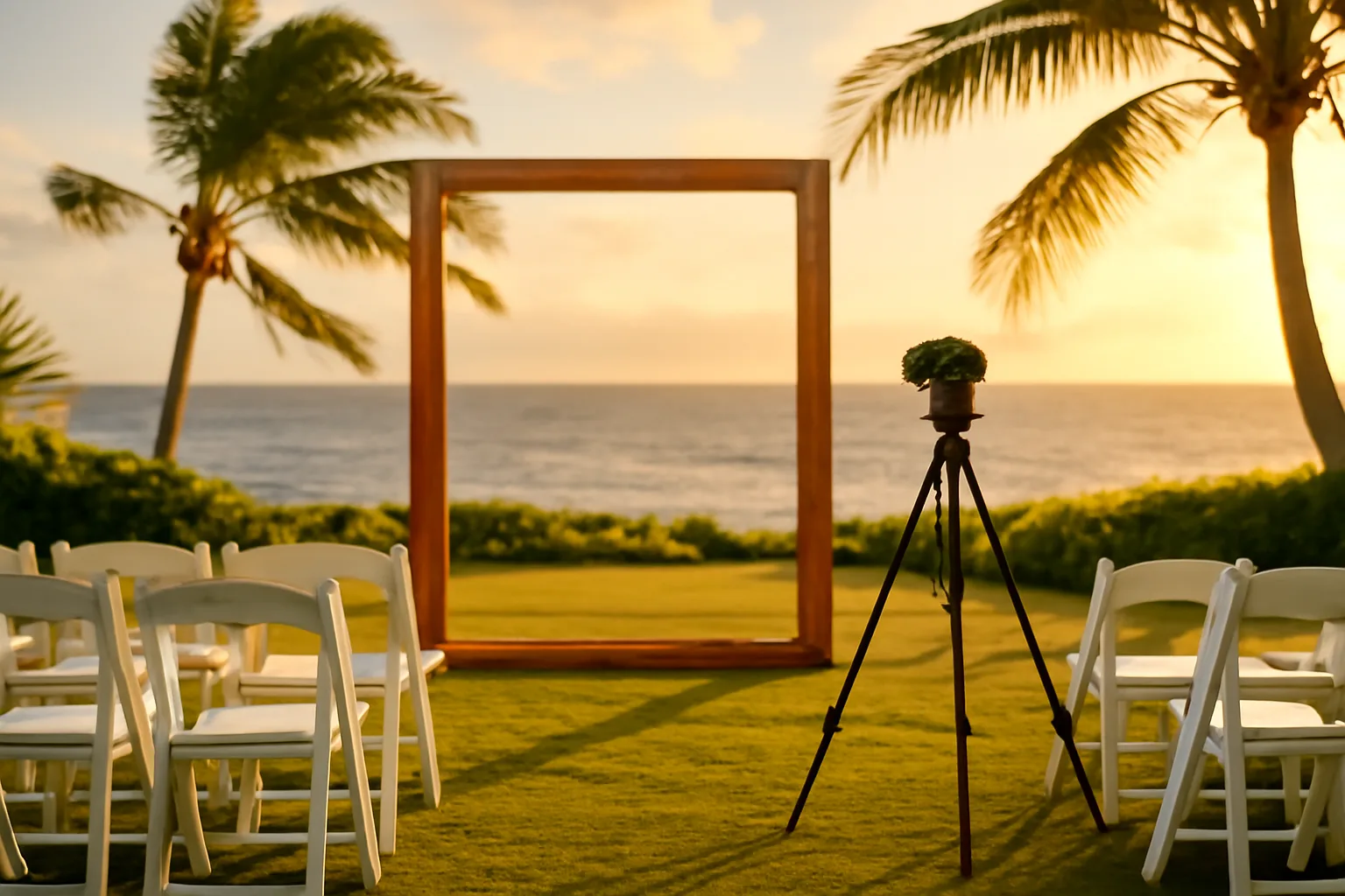 Photo booth frame on a Hawaii wedding lawn at sunset
