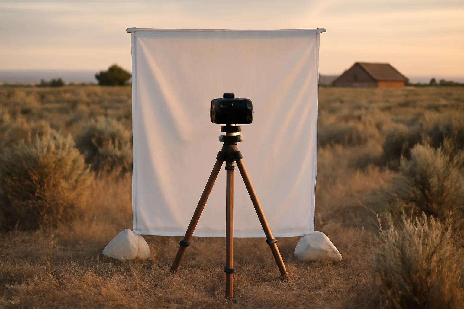 Photo booth camera and backdrop in an Idaho backyard at sunset