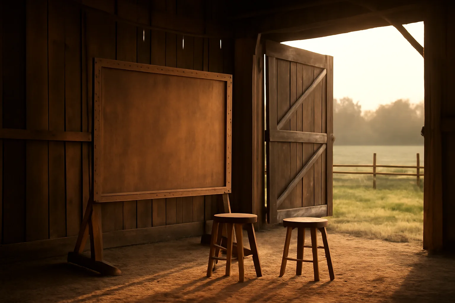 Empty photo booth backdrop inside an Indiana barn at sunset