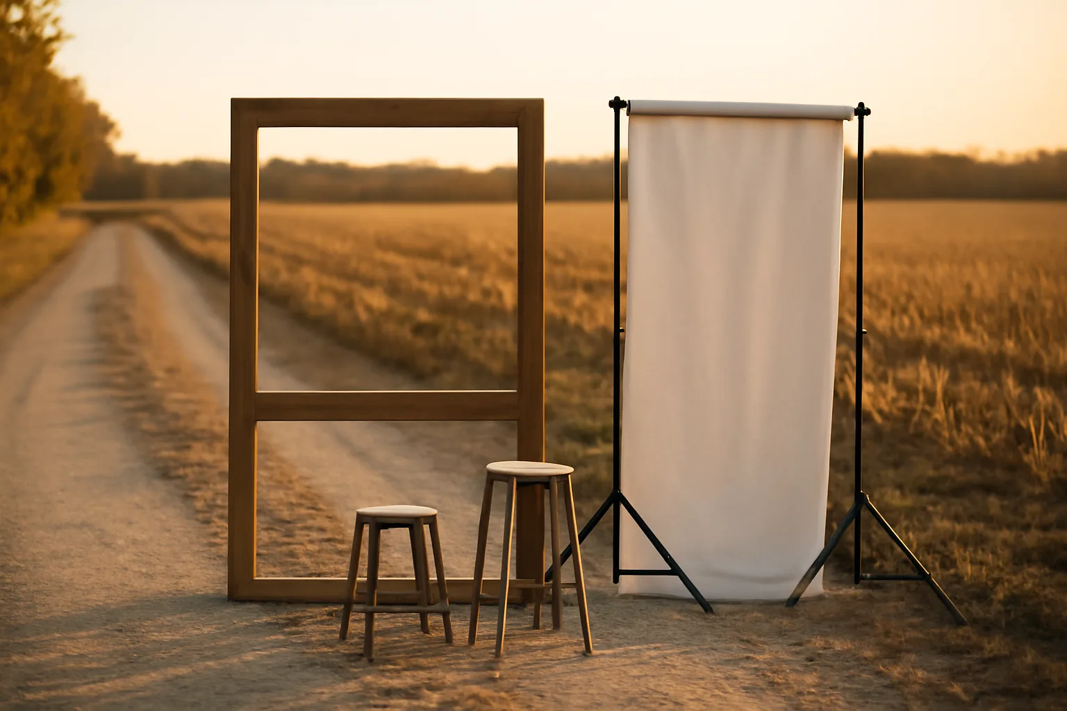 Open-air photo booth frame in a rural Iowa farmyard at sunset