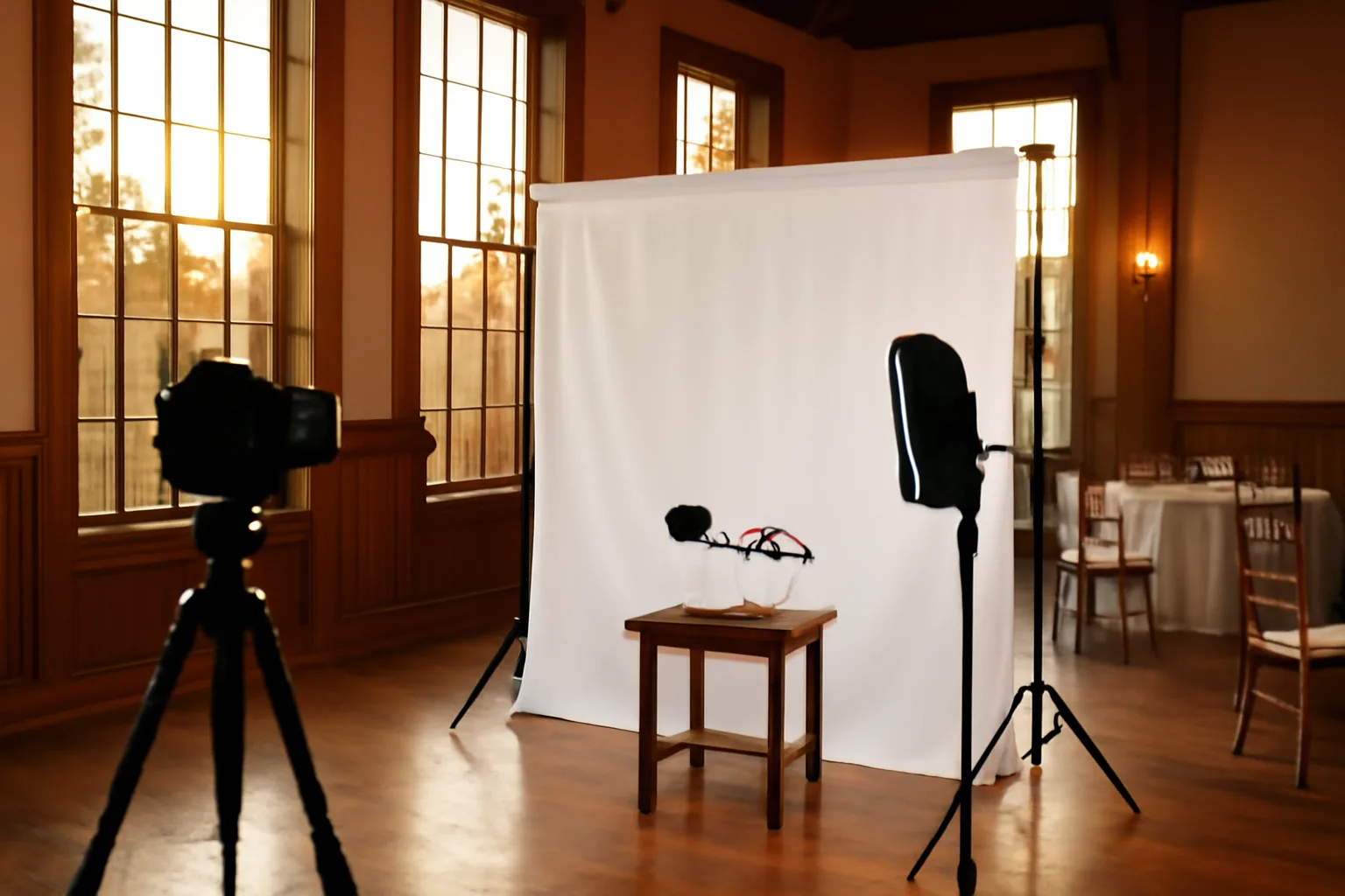 Empty photo booth setup in an Alabama event hall before a reception