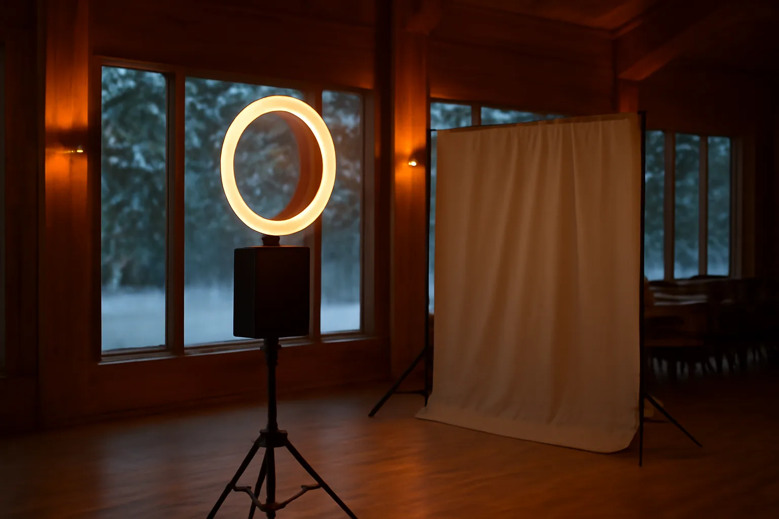 Open-air photo booth set up in an Alaska event hall with snow visible outside at dusk