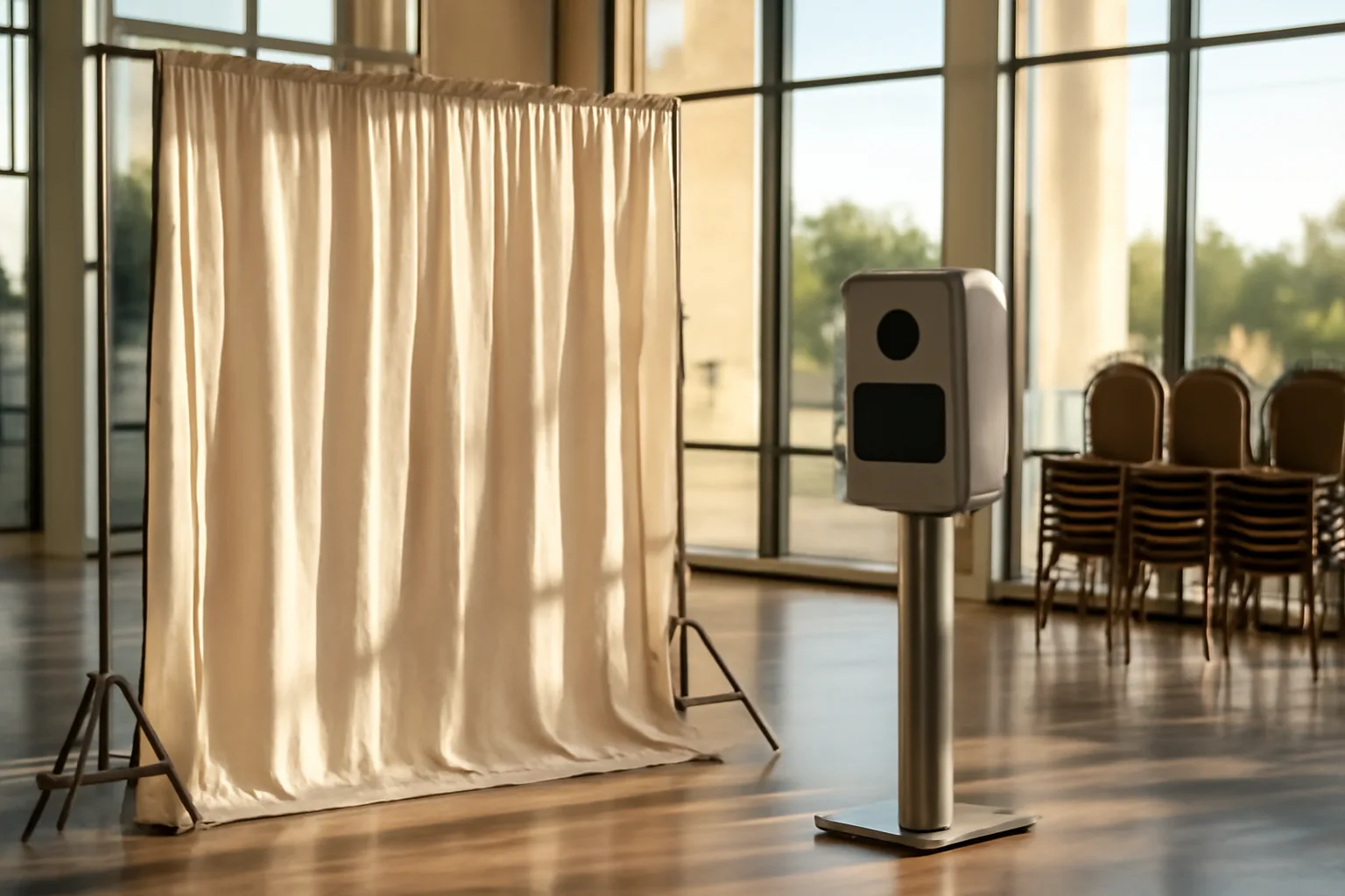 Open-air photo booth setup in an empty Arizona event hall with afternoon sunlight