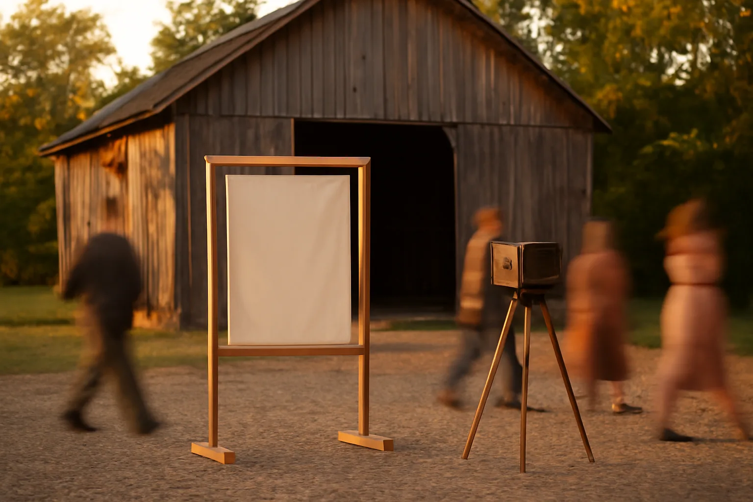 Unbranded photo booth rental setup beside an Arkansas barn at dusk