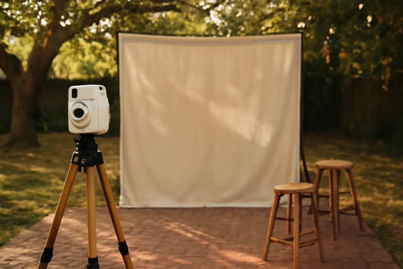 Instant camera and linen backdrop for a California photo booth