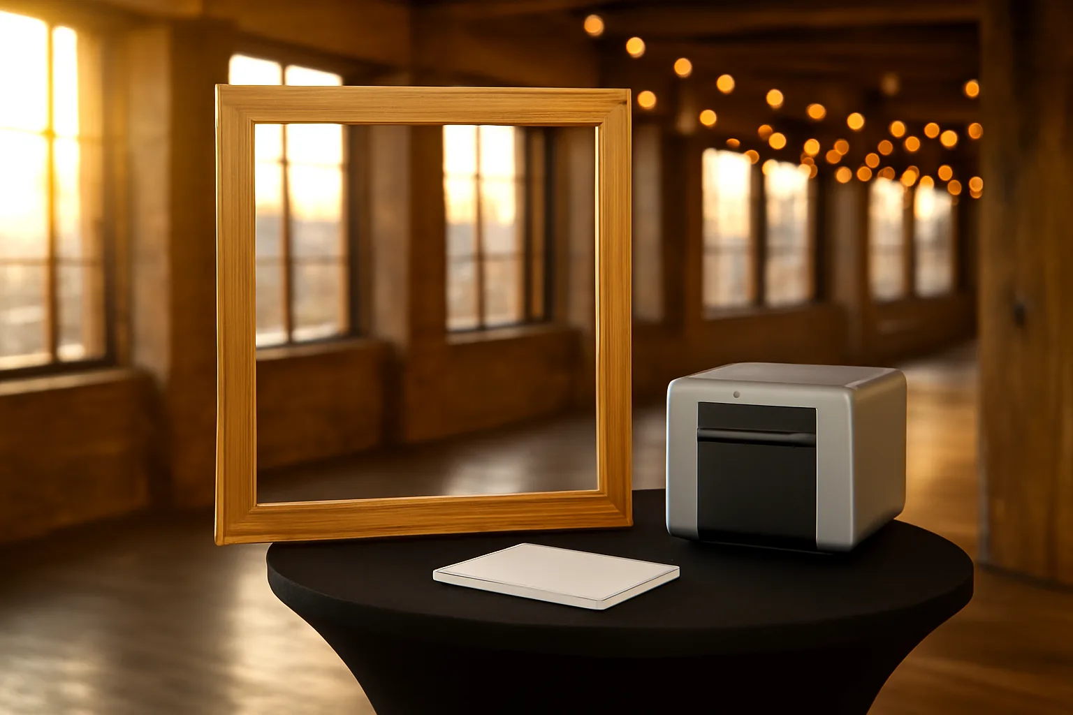 Photo booth frame and printer in a Denver loft before an event