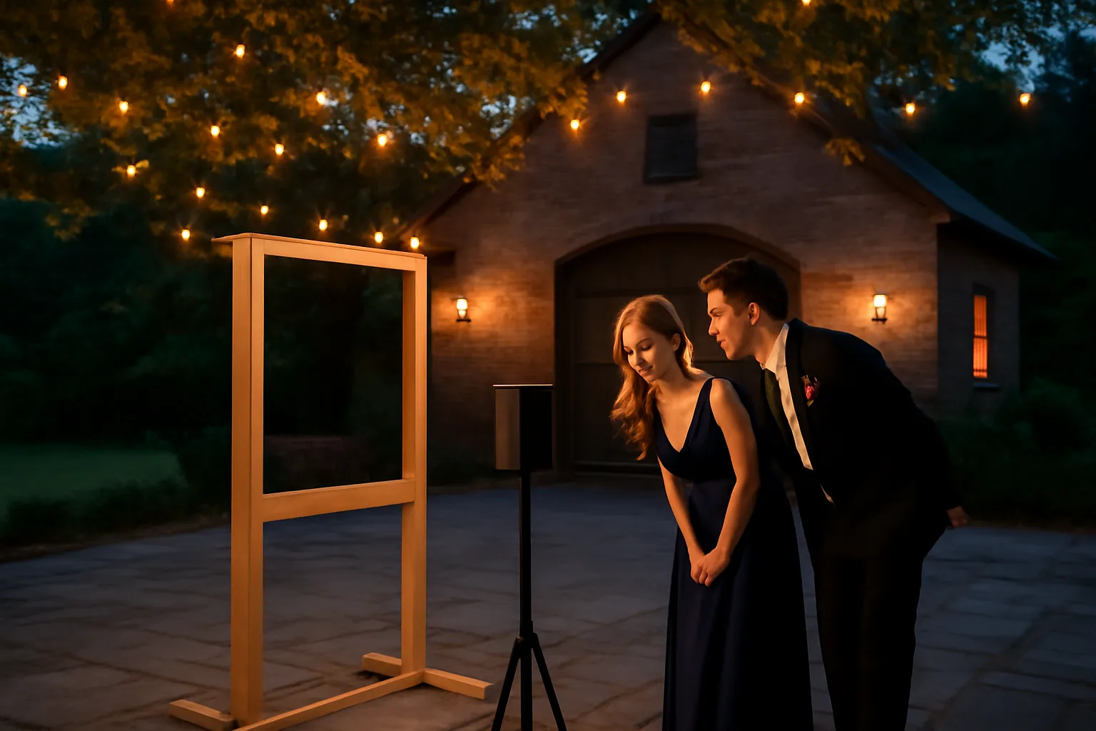 Open wood photo booth rental on a Connecticut stone patio