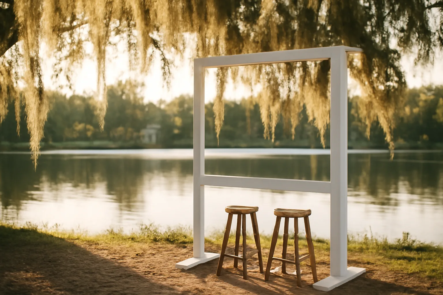 Open-air photo booth frame beside a quiet Florida lake