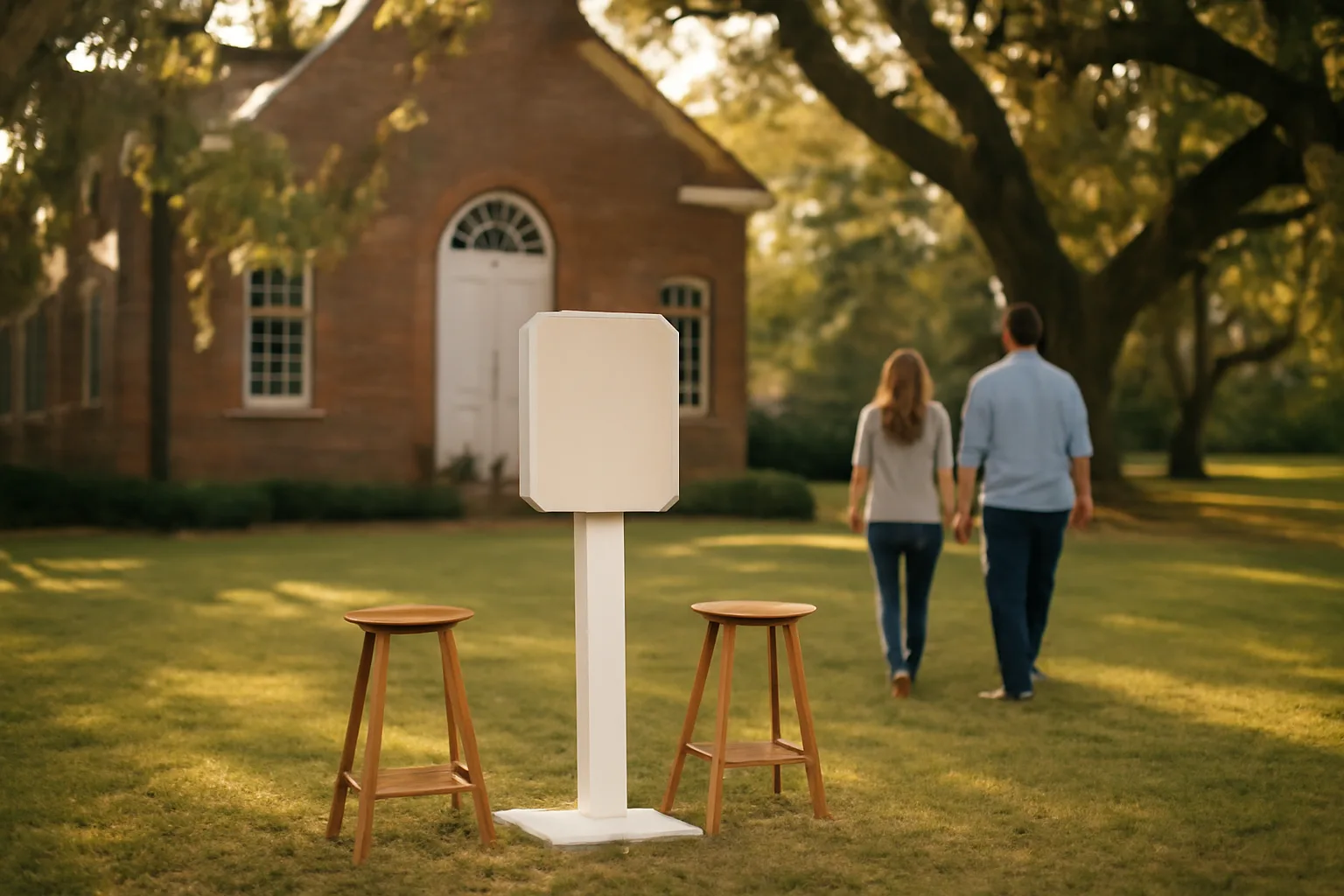 White photo booth cabinet on a lawn outside a Georgia church