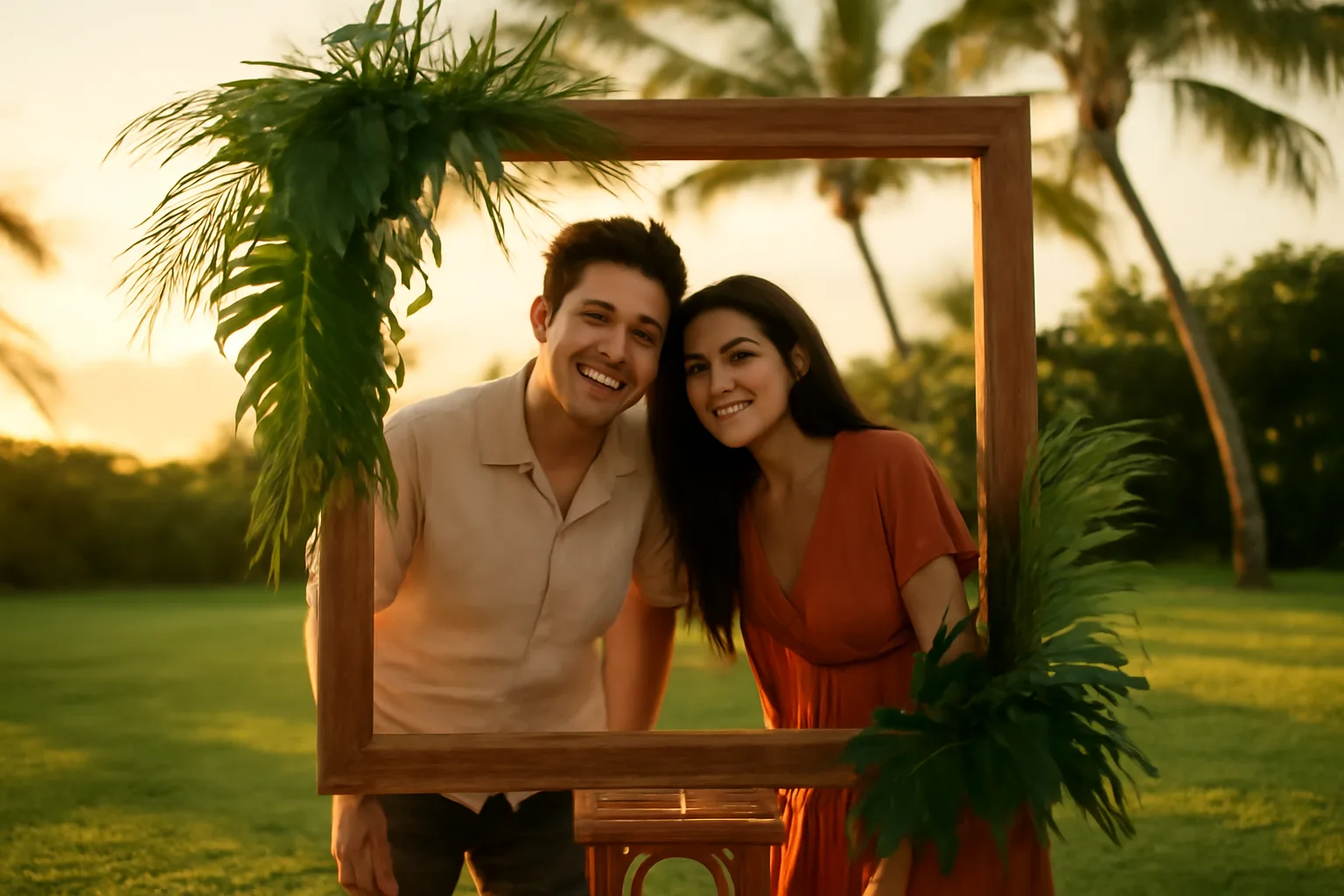 Guests posing in an outdoor photo booth at a Hawaii wedding