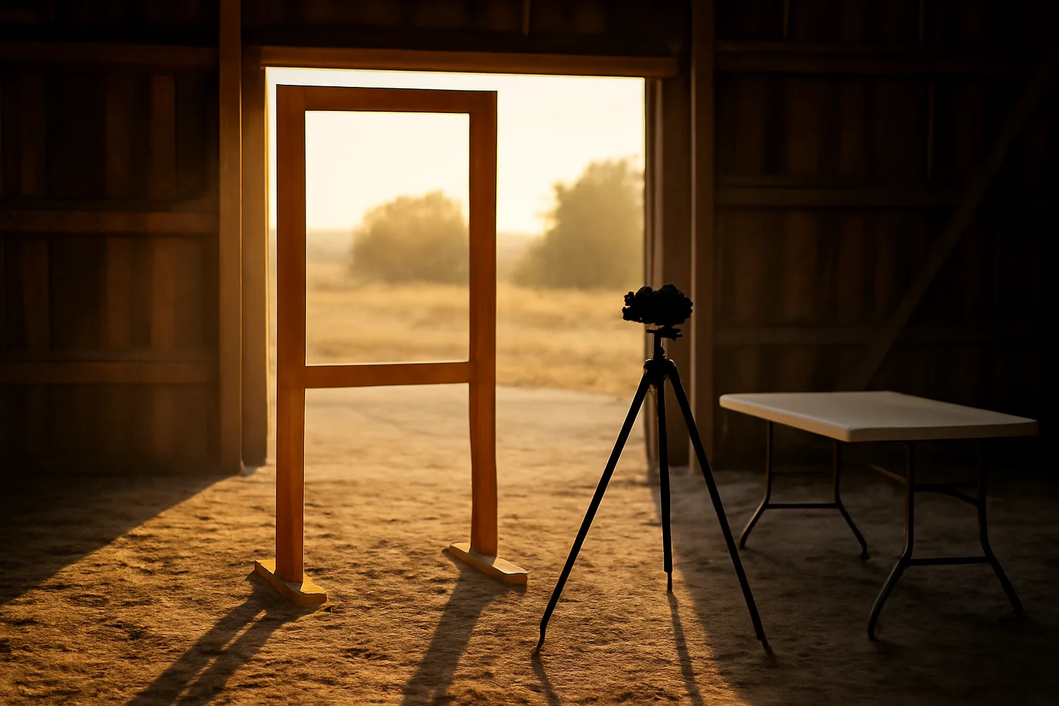 Unbranded photo booth frame in a sunlit Idaho barn before rental