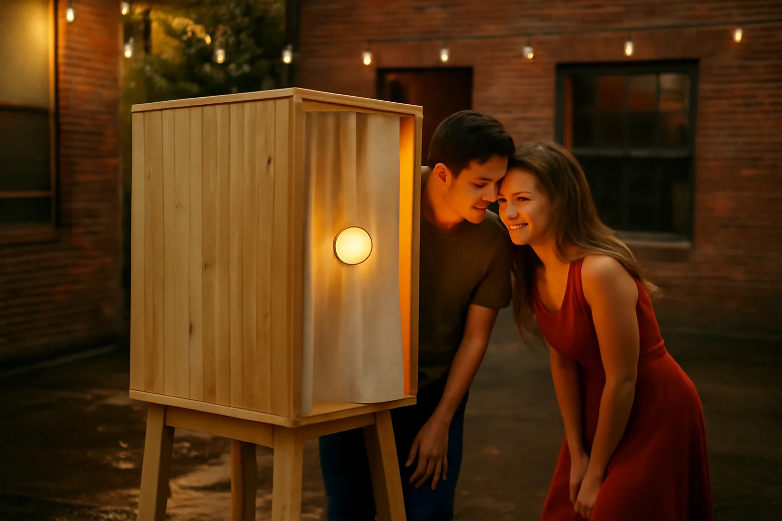 Wooden photo booth at an Indianapolis loft reception at dusk