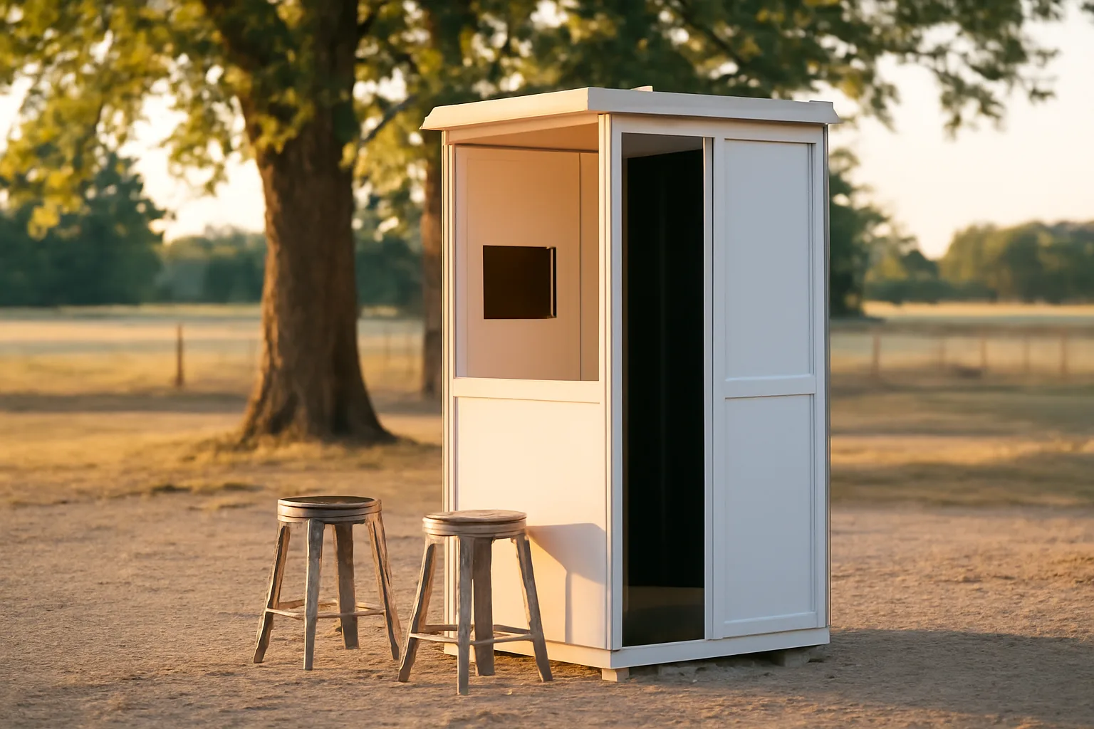 Open photo booth cabinet in an Iowa farmyard at sunset
