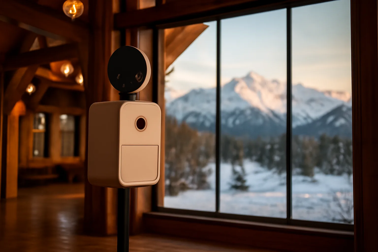 Photo booth setup near mountain-view window inside Alaska event venue