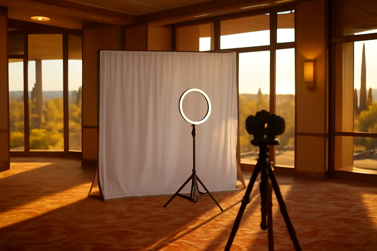 Open-air photo booth with ring light set up in an Arizona resort ballroom