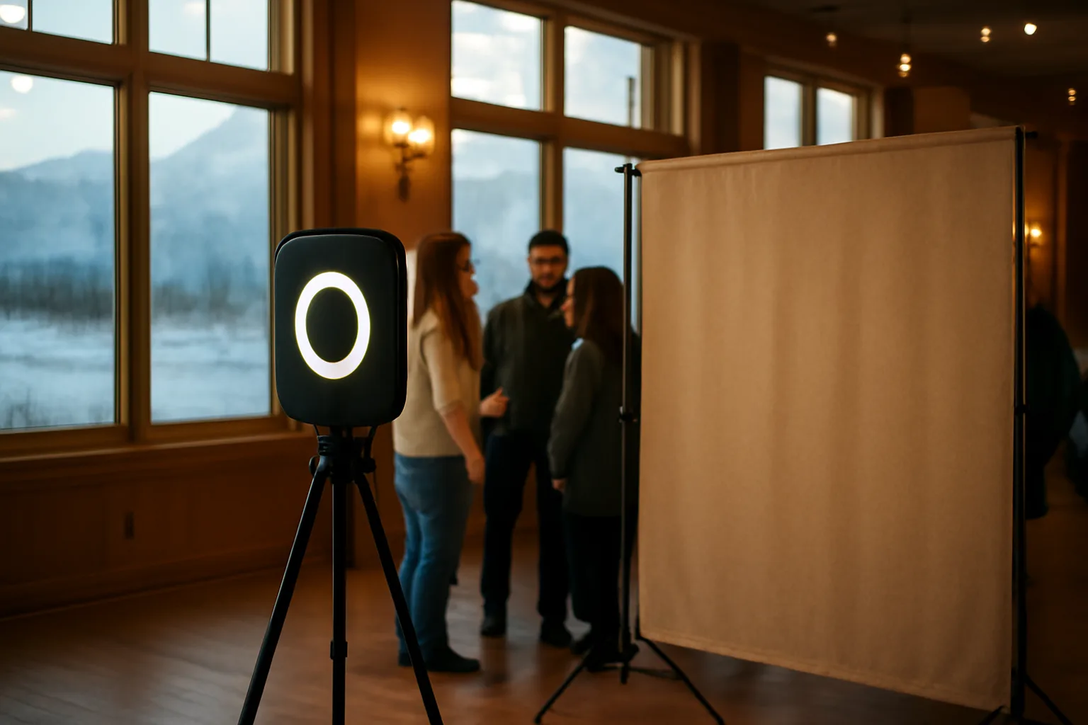 Open-air photo booth setup at an Anchorage event hall with mountain views outside