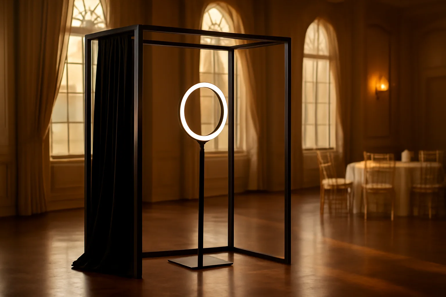 Open-air photo booth with ring light set up in a Phoenix ballroom before an evening event