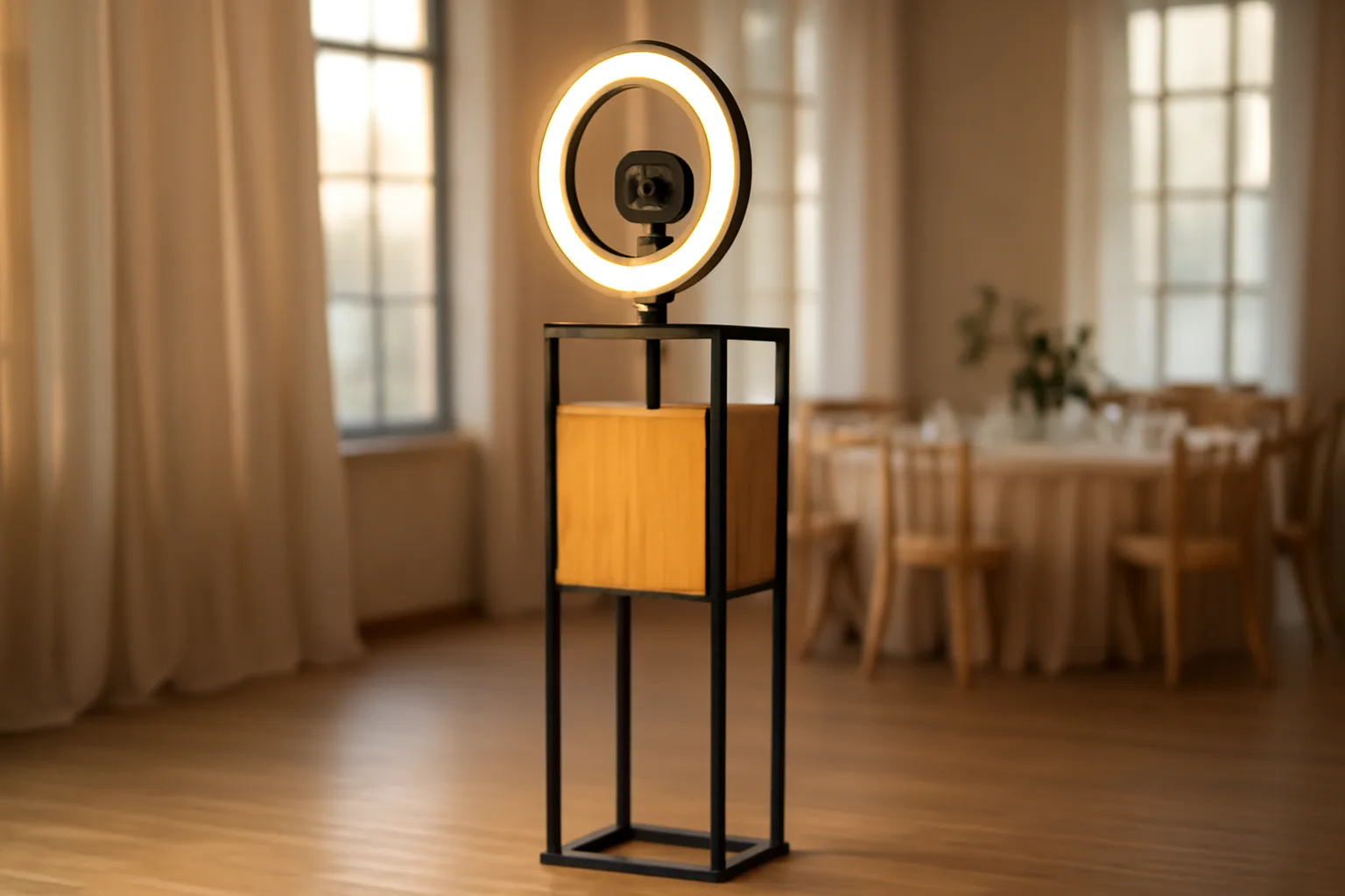 Open-air photo booth with ring light inside a warmly lit Arkansas event venue