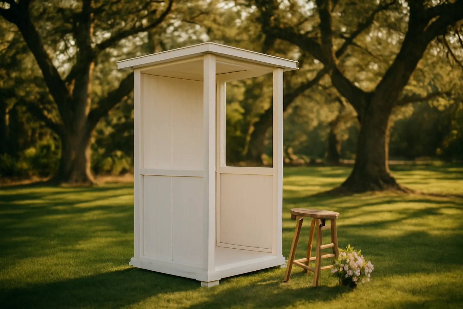 Open-air photo booth on a California lawn at golden hour