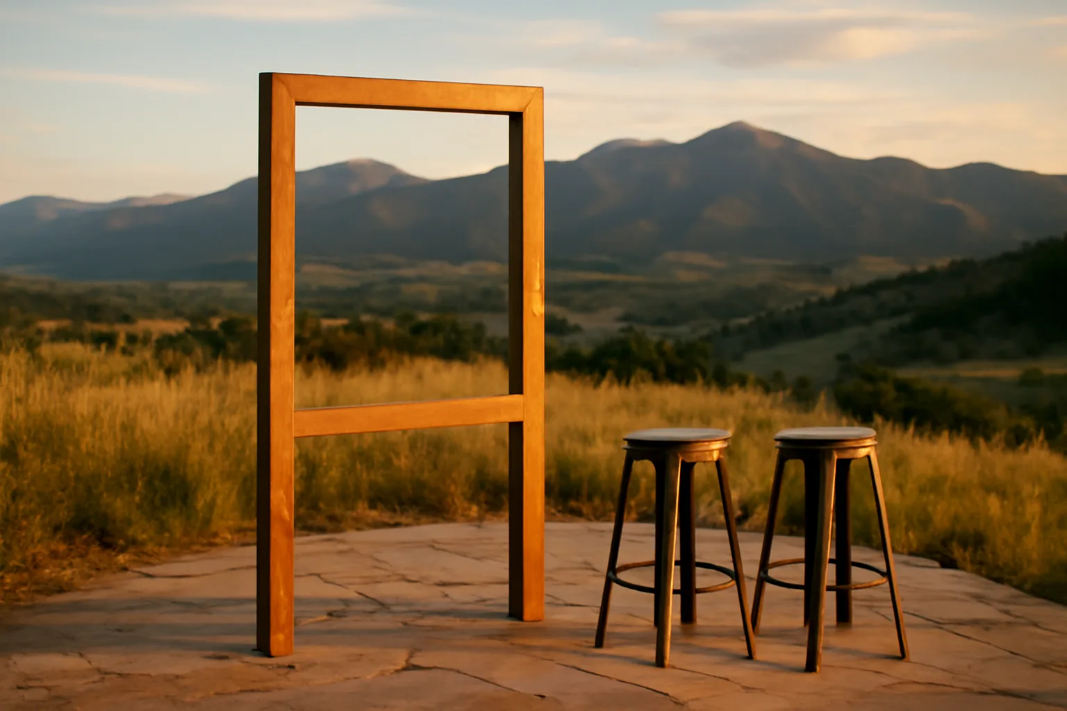 Photo booth rental frame on a Colorado foothills patio at dusk