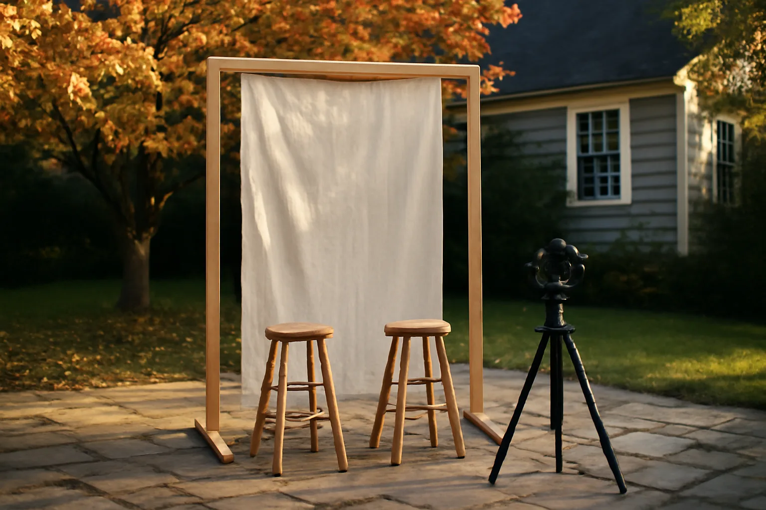Photo booth frame on a Connecticut backyard patio at dusk