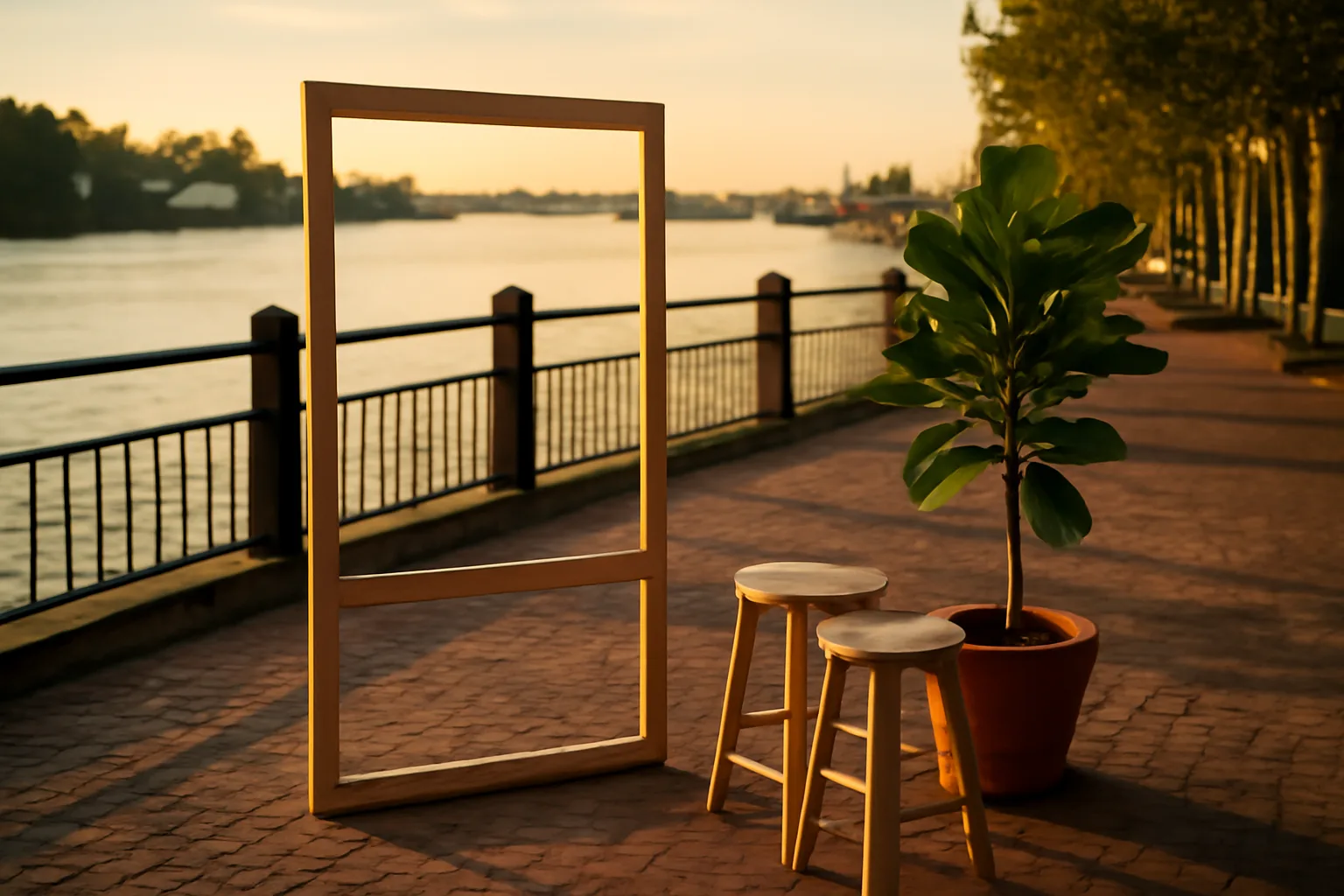 Unbranded photo booth rental setup on a Wilmington riverwalk at sunset