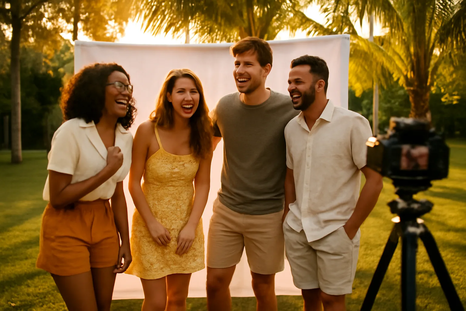 Outdoor Florida photo booth setup on a lawn at sunset