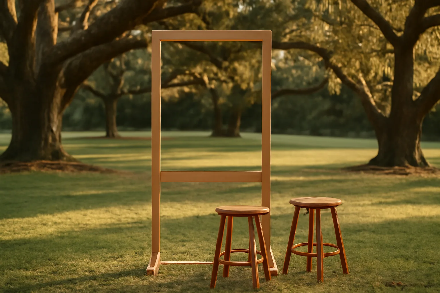 Open photo booth frame on a Georgia lawn at late afternoon