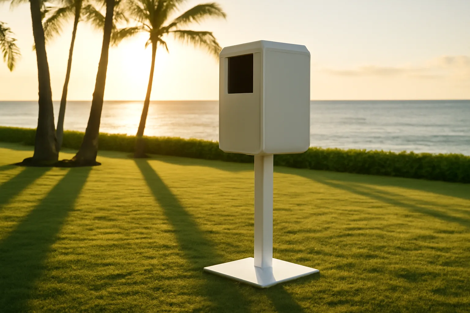 White photo booth enclosure on a Honolulu lawn at sunset