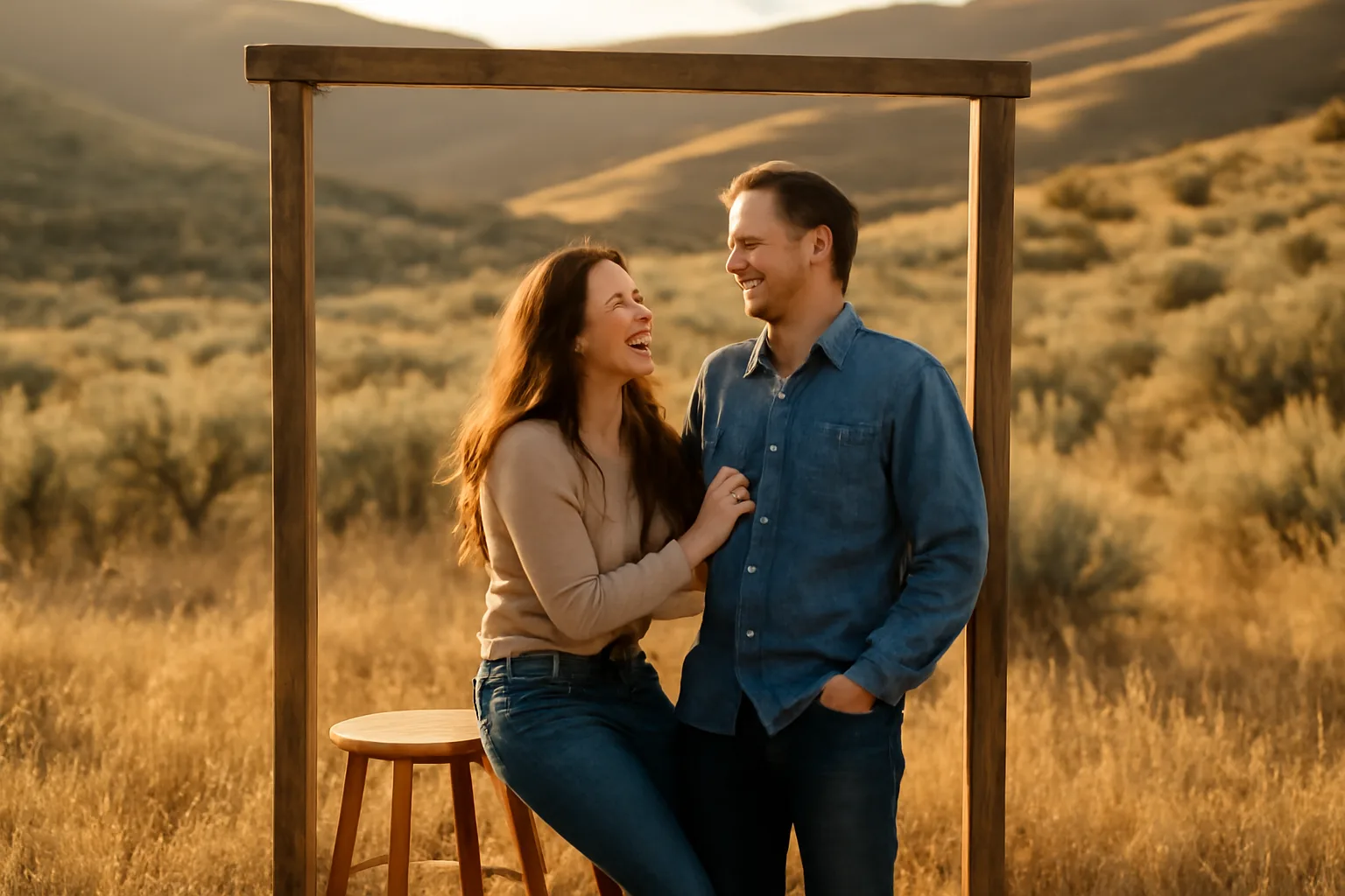 Open-air photo booth on an Idaho field at sunset