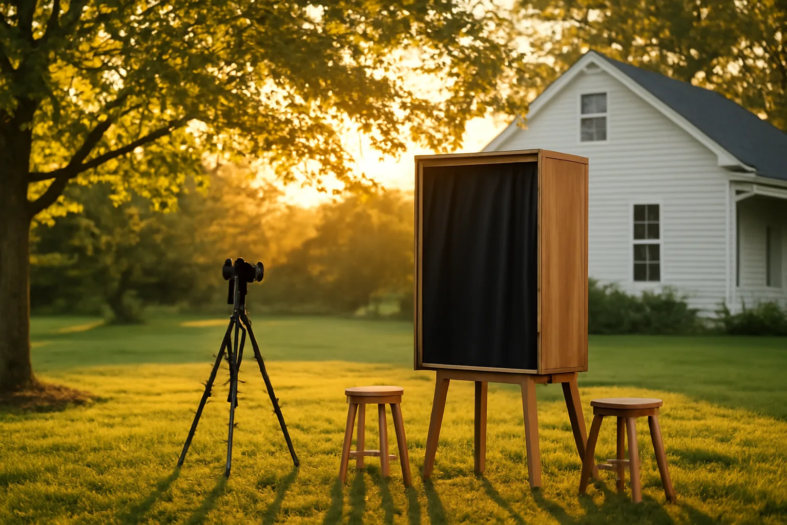 Unbranded wooden photo booth on a grassy Indiana backyard at sunset