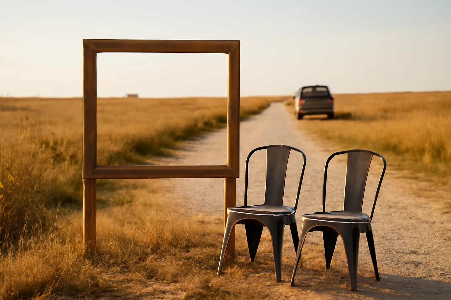 Wooden photo booth frame in an Iowa farmyard at late afternoon