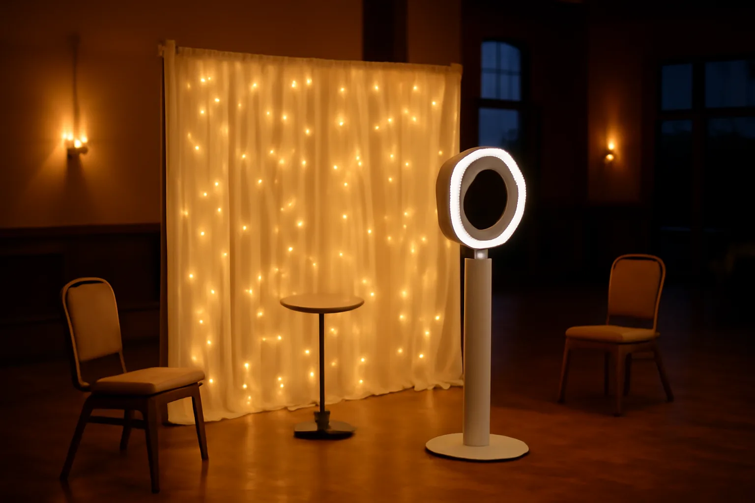 Empty photo booth with fairy lights in a warm Alabama event venue at dusk
