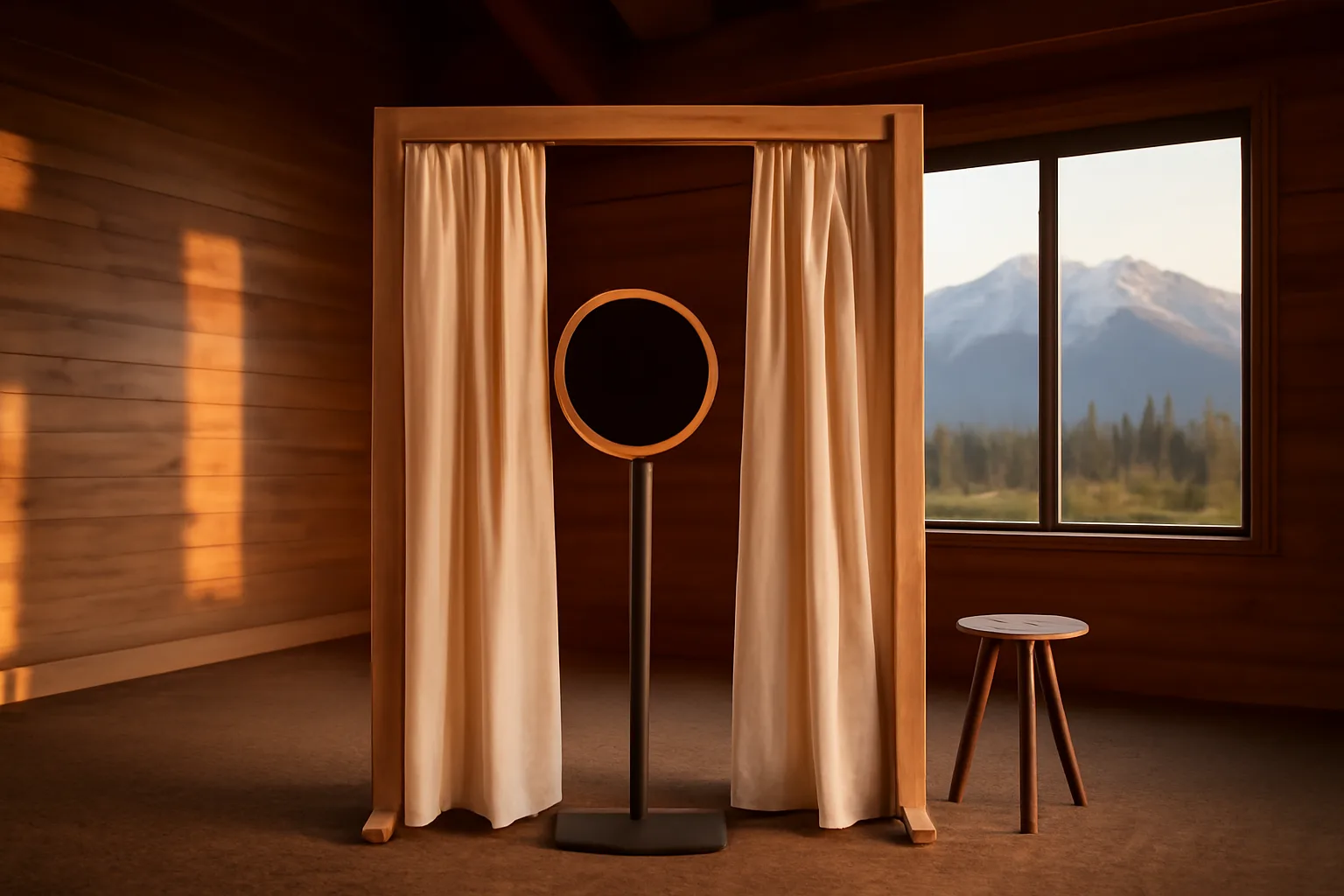 Open-air photo booth inside an Anchorage event hall with mountain view window