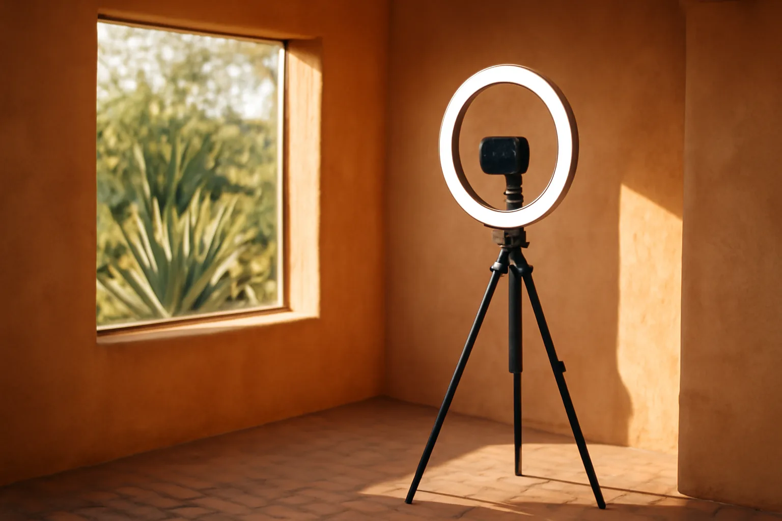 Open-air photo booth with ring light in a sunlit Arizona event venue