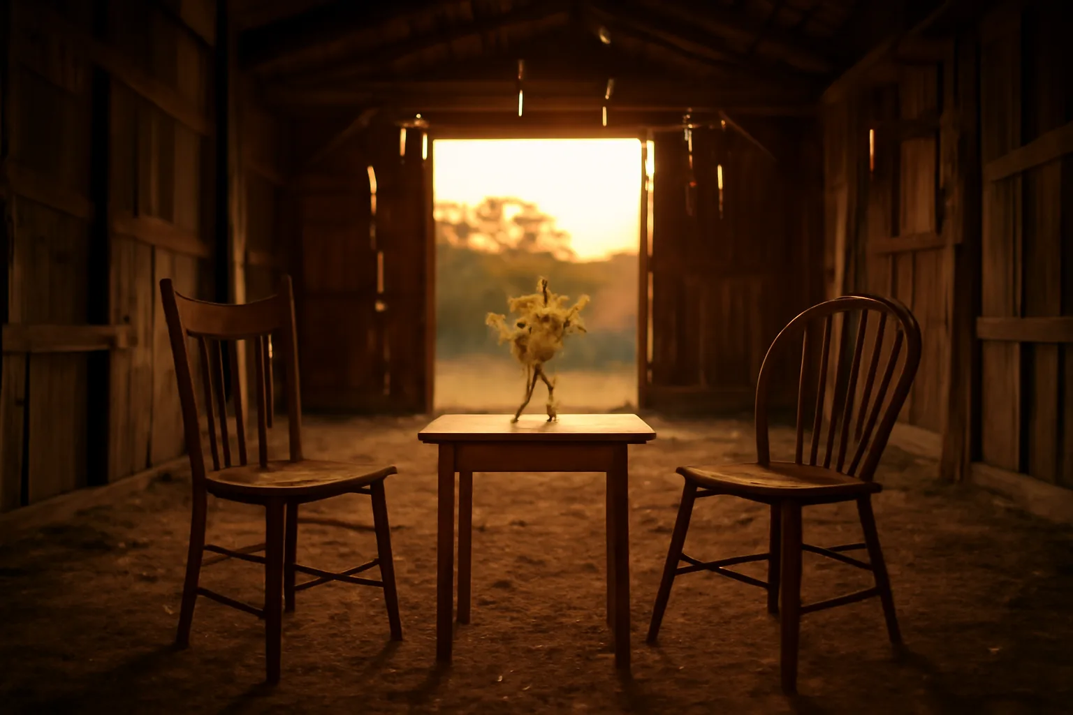 Wooden photo booth setup in an Arkansas barn at golden hour