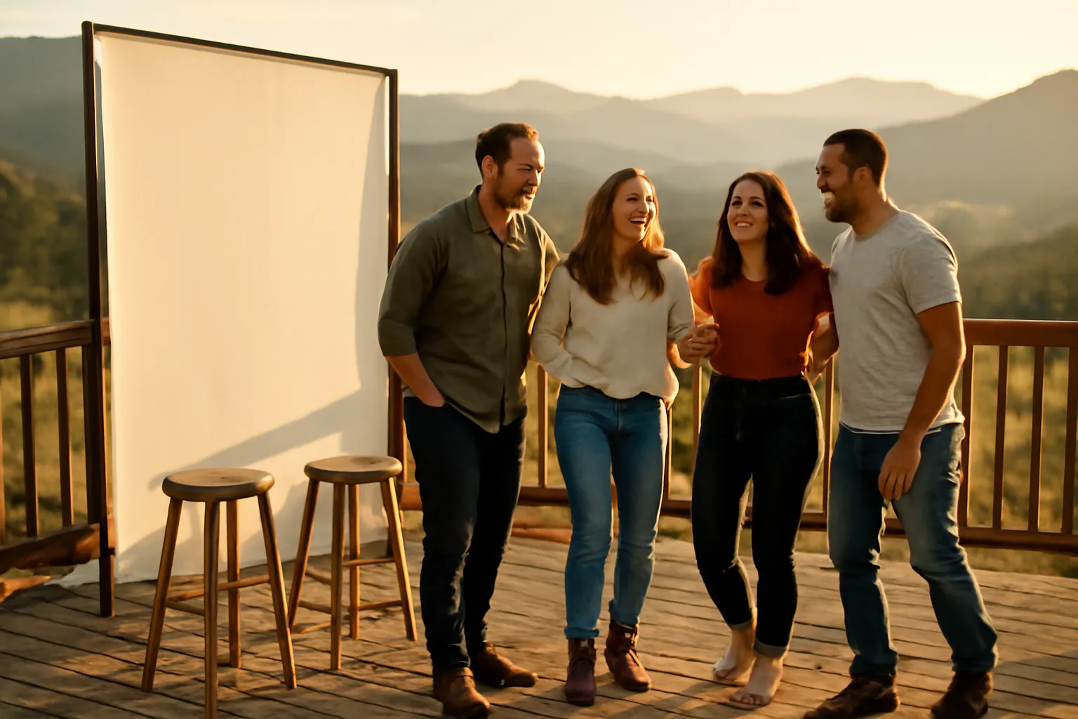 Unbranded photo booth on a Colorado foothills deck at sunset
