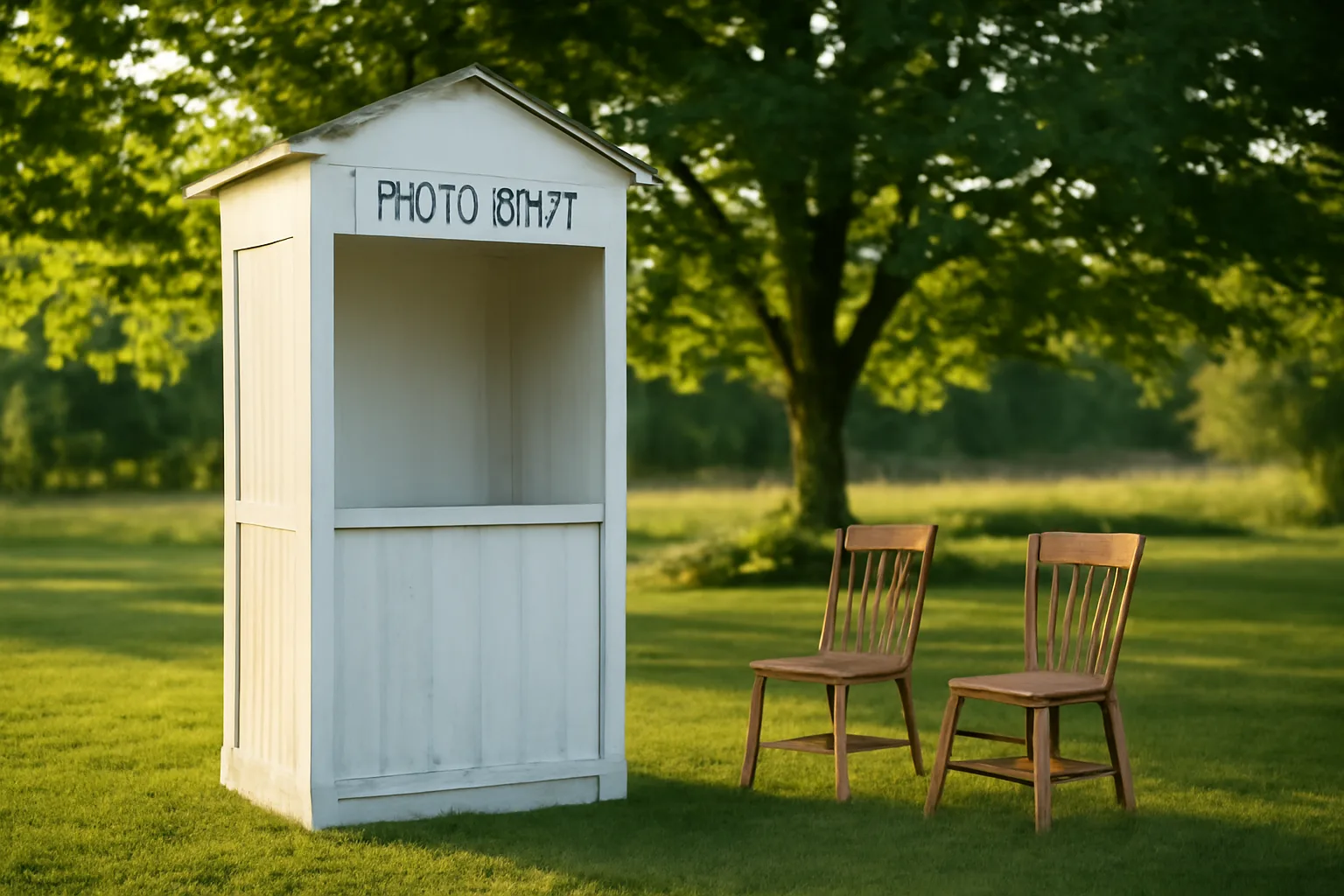 White photo booth enclosure on a Connecticut farmhouse lawn at dusk