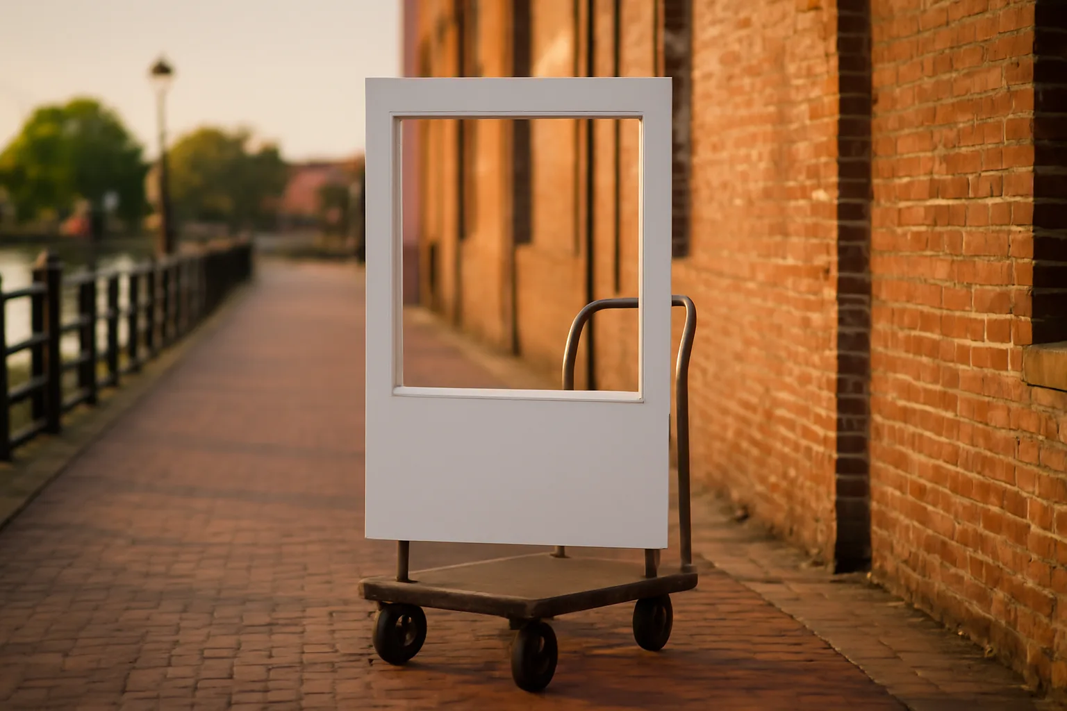 Open-air photo booth frame parked by a Wilmington warehouse at dusk