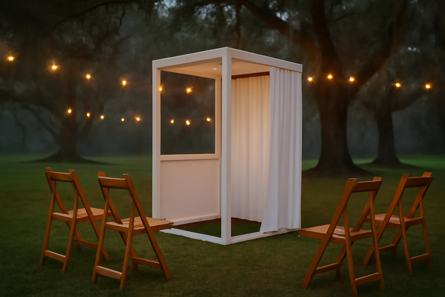 White photo booth on a Florida lawn at dusk